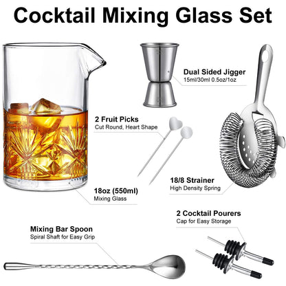 Cocktail Mixing Glass, veecom 18oz Crystal Mixing Glass Bartender Kit, 8 Piece Old Fashioned Cocktail Set with Strainer, Spoon, Jigger, Picks, Pourers, Bar Tools Cocktail Shaker Set (8 Pieces)