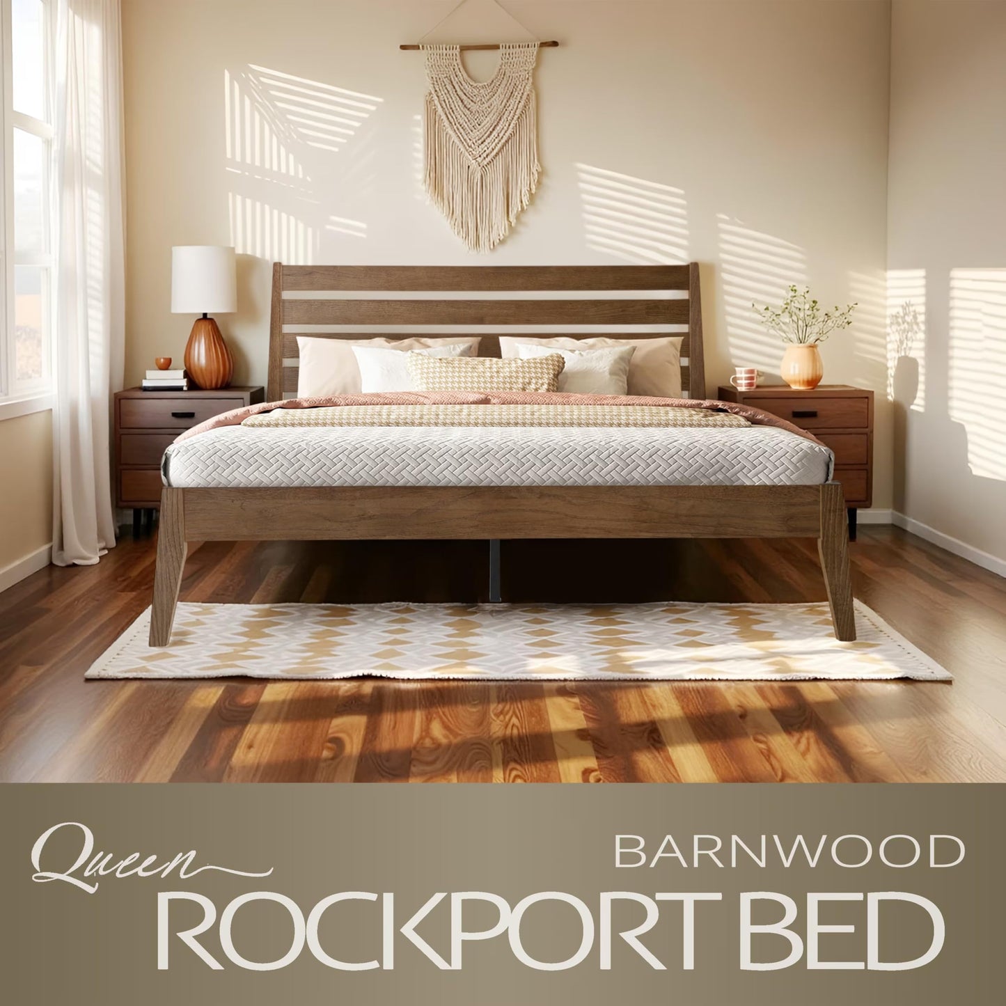 Queen Size Bed Frame, Solid Wood Platform Bed with Headboard & Footboard, Center Metal Legs, 12 Strong Slatted Base, No Box Spring Needed, Anti-Noise & Slip-Free Easy Assembly, Barnwood Finish RKQ-30