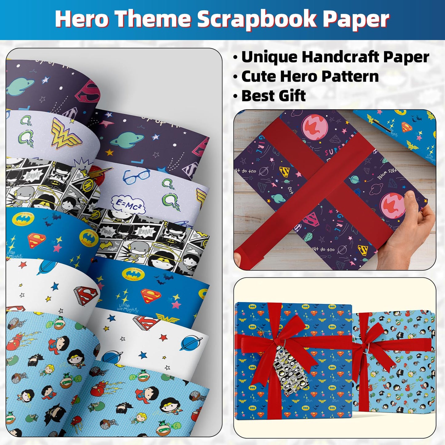 Charon 12 Sheet Cute Hero Birthday Wrapping Paper, 6 Style Mutil Color Festival Art Scrapbook Paper for Men Women Kids Birthday Wedding Baby Shower Halloween Xmas, 20 X 28 Inch (12 Sheet)