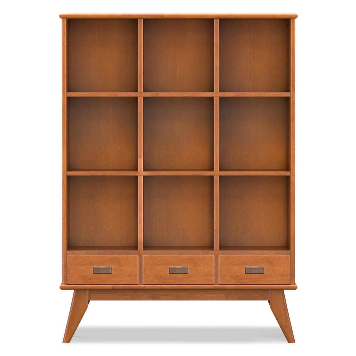 SIMPLIHOME Draper Bookcase - 58 inch Tall 9-Cube Solid Hardwood Cube Organizer with Drawers in Teak Brown, Mid-Century Storage for Living Room, Entryway or Bedroom with Cubbies and Angled Legs