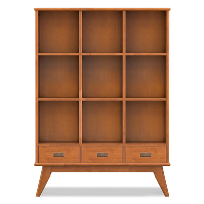 SIMPLIHOME Draper Bookcase - 58 inch Tall 9-Cube Solid Hardwood Cube Organizer with Drawers in Teak Brown, Mid-Century Storage for Living Room, Entryway or Bedroom with Cubbies and Angled Legs
