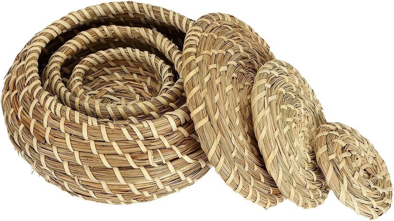 Dicunoy Set of 3 Small Wicker Basket with Lid, Round Woven Seagrass Baskets, Little Handmade Rattan Storage Basket Box for Shelf, Home, Bathroom Decor