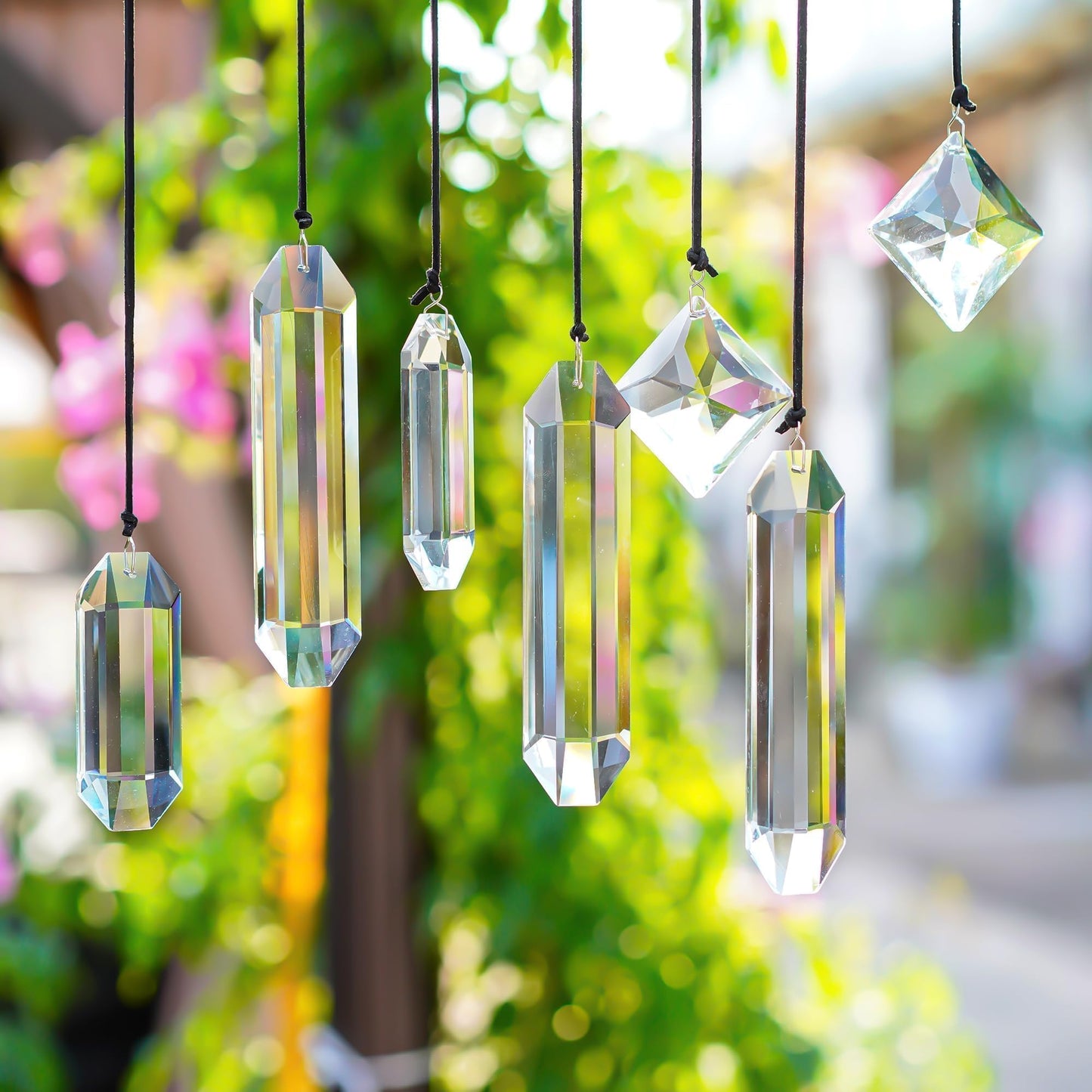 HDCRYSTALGIFTS Set 7 Clear Crystal Prisms Suncatchers Hanging Glass Ornament for Christmas Tree,Rainbow Maker Sun Catchers for Windows Home Garden Decoration,Modern Grief Gift