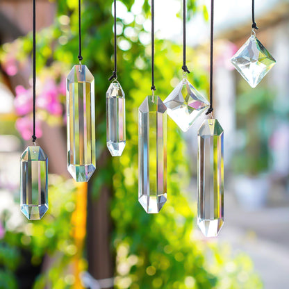 HDCRYSTALGIFTS Set 7 Clear Crystal Prisms Suncatchers Hanging Glass Ornament for Christmas Tree,Rainbow Maker Sun Catchers for Windows Home Garden Decoration,Modern Grief Gift