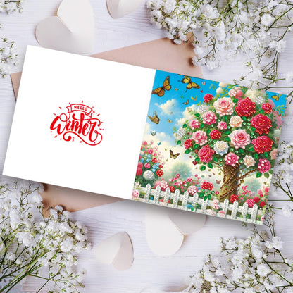 pigpigboss 6 Packs Rose Diamond Painting Greeting Cards Kit, Butterfly Rose Tree Garden Diamond Art Birthday Card with Envelope for Adult Beginner Holiday Blessing