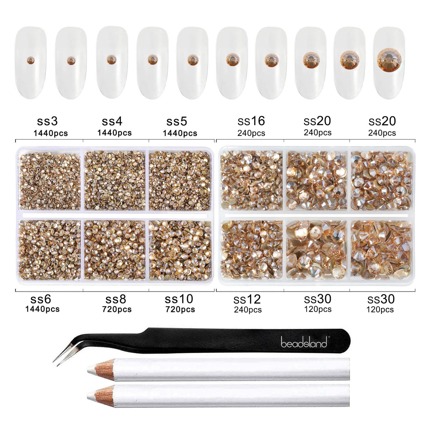 Beadsland 8300PCS Flatback Rhinestones, Gold Rhinestone Round Crystal Rhinestones for Crafts, Mixed 10 Sizes with Wax Pencil and Tweezer Kit, SS3-SS30, Golden Shadow