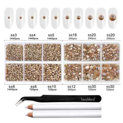 Beadsland 8300PCS Flatback Rhinestones, Gold Rhinestone Round Crystal Rhinestones for Crafts, Mixed 10 Sizes with Wax Pencil and Tweezer Kit, SS3-SS30, Golden Shadow
