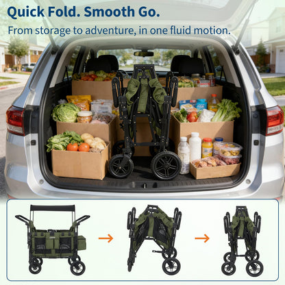 Stroller Wagon for 4 Kids, Premium Quad Stroller Wagon with 4 Convertible Seats, Adjustable Push/Pull Handles, 5-Point Harness Belt, Snack Tray, Removable Canopy & Flat Fold, One-Step Brake, Green