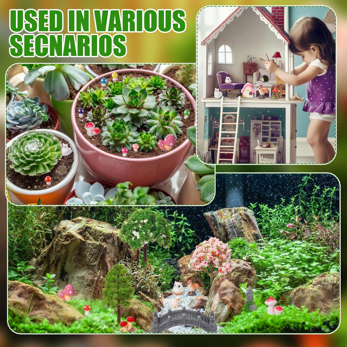 GGSTDDUP 65 Pcs Fairy Garden Accessories Mini Resin Animals Figures Miniature Table and Chairs Bridge Mushroom Pond Fence Moss Bonsai Landscape Ornaments Kit for Garden DIY Craft