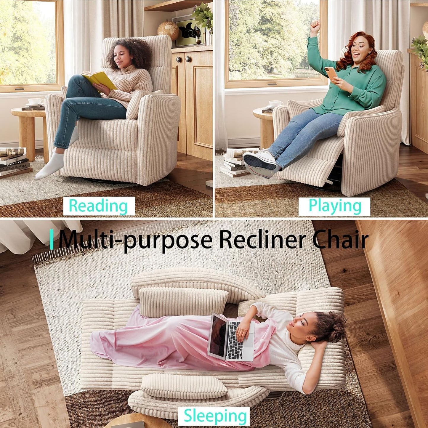 LINSY 360 Swivel Recliner Chair, Nursery Glider Rocking Chair with 2 Pillows, Corduroy Nursing Chair Comfy High Back Adult Rocker Recliner for Small Spaces, Nursery Bedroom Living Room (Beige)