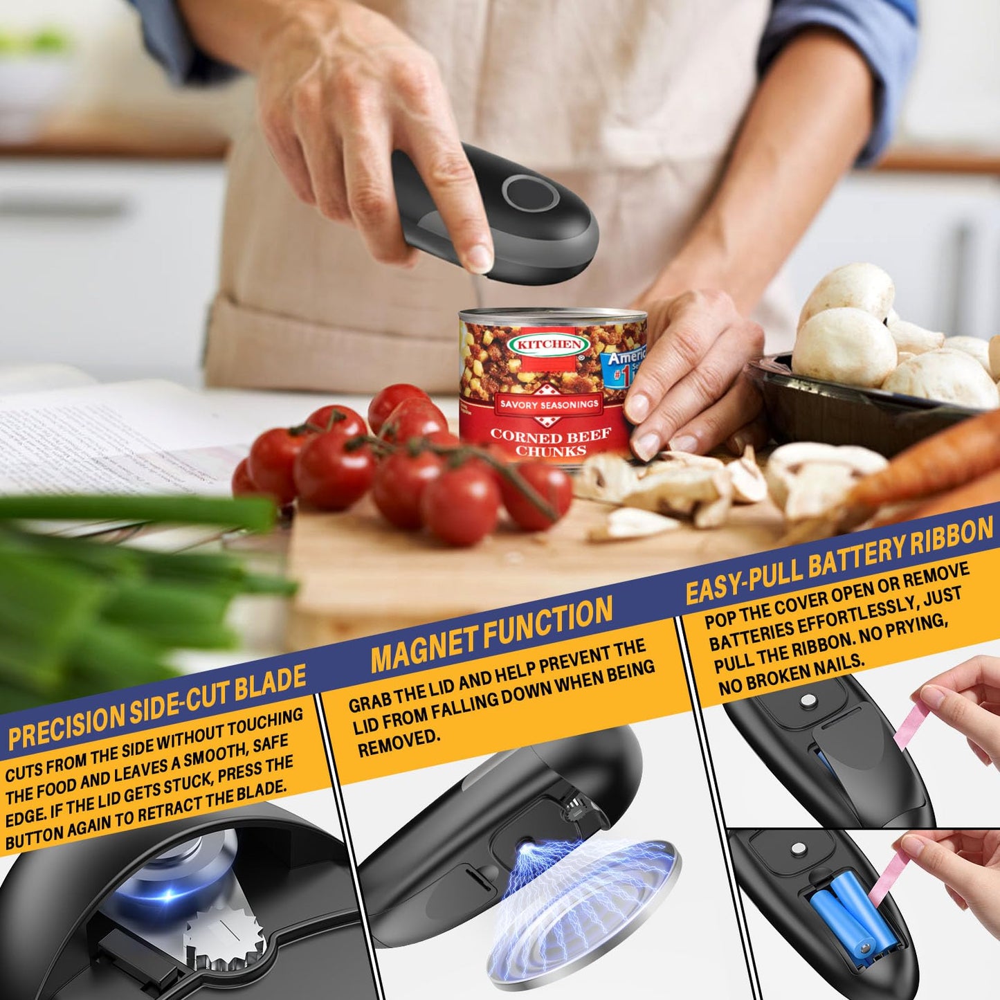 Electric Can Opener, One-Touch Automatic Can Opener for Seniors with Arthritis, Smooth Edge, Hands-Free, Battery Powered, Portable & Compact, Food Safe Electric Can Openers for Kitchen (Gray)