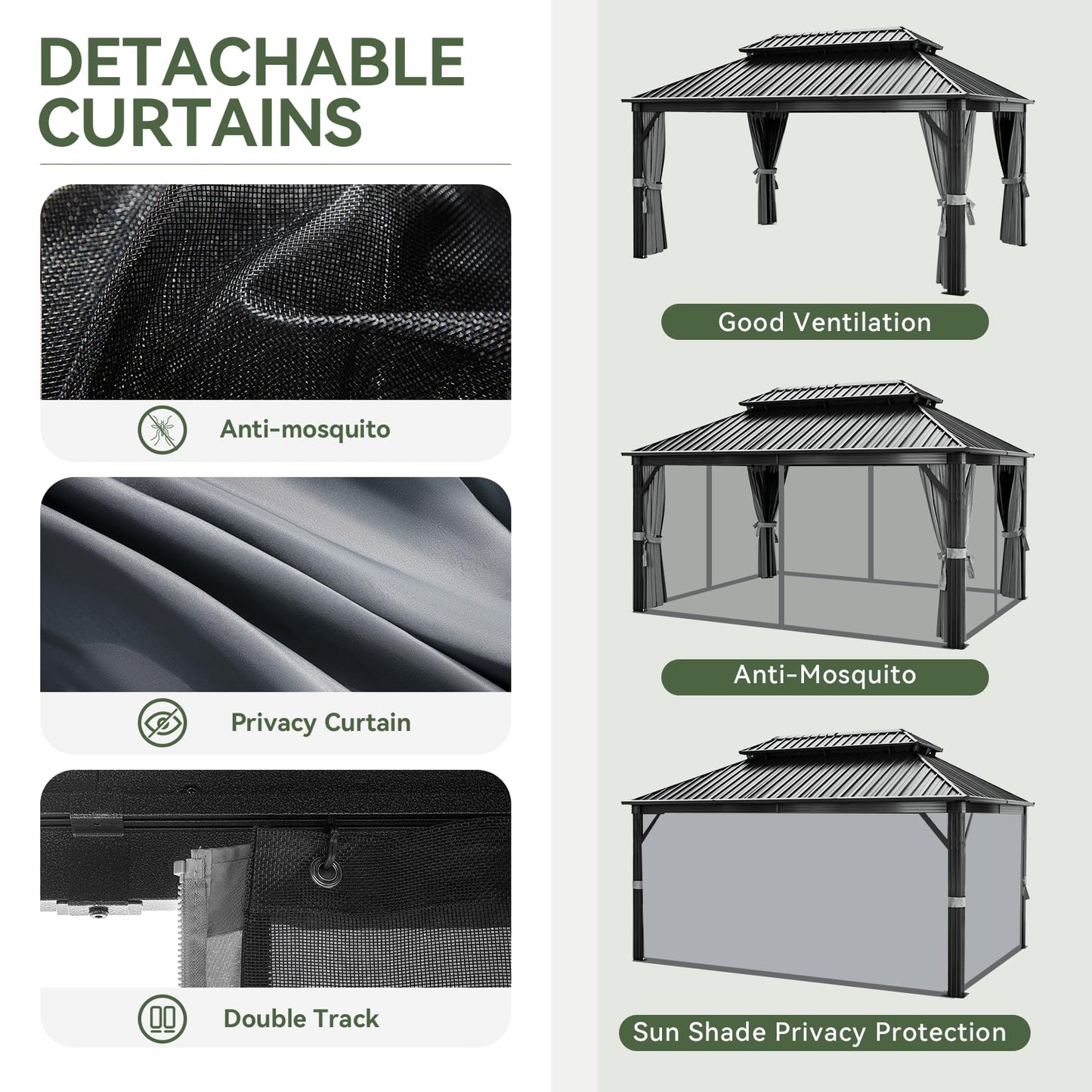 Aoxun 12FT X 16FT Hardtop Gazebo, Outdoor Pergolas with Mosquito Netting and Curtains, Galvanized Steel Double Roof Permanent Metal Gazebo, for Gardens, Decks, Patios, Parties