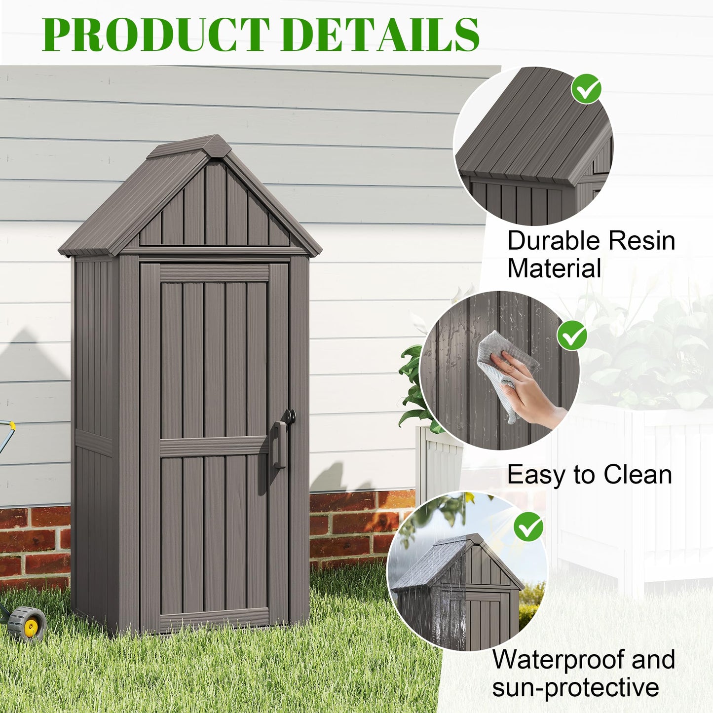 WTFGO Vertical Outdoor Storage Shed, Waterproof Resin Outdoor Storage Cabinet with Removable Shelves & 12 Hooks, Lockable Small Tool Shed for Garden, Backyard, Patio, Pool, Classic Gray