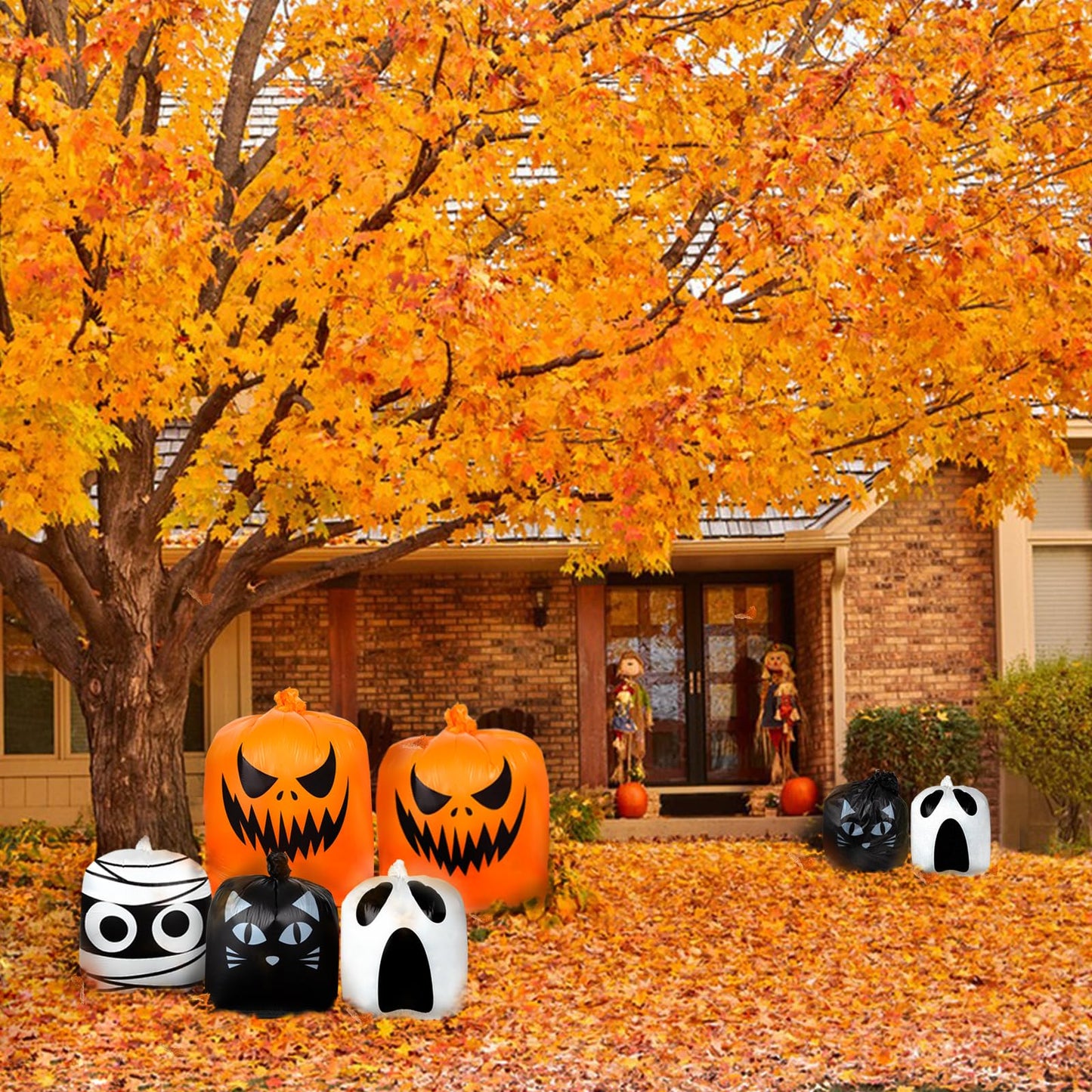Halloween Leaf Lawn Bags - Giant Pumpkin Lawn Bag with Twist Ties for Outdoor Garden Decoration, Thanksgiving Fall Yard Decor - 8 Pack