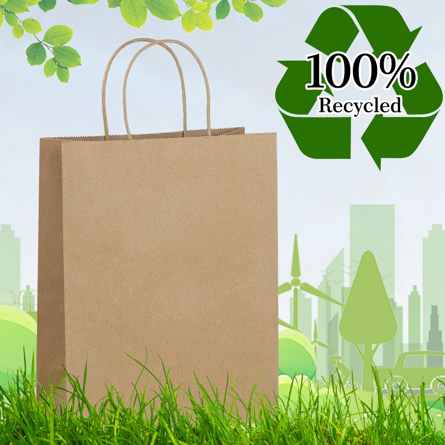 Eupako 8x4.25x10.5 Paper Bags - 100 PCS Brown Kraft Gift Bags with Handles Bulk for Shopping, Party Favor, Merchandise