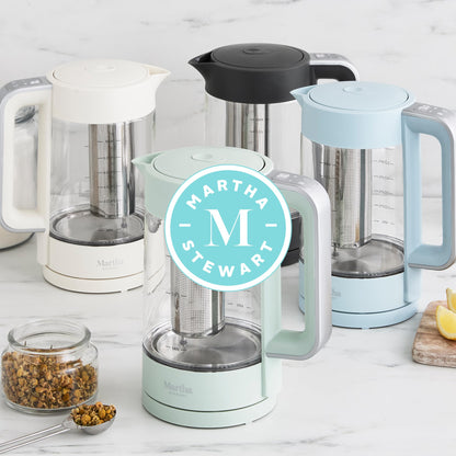 Martha Stewart  Electric Kettle with Removable Stainless Steel Tea Infuser, Glass Carafe 1.7L (7 Cups), Hot Water Boiler, 4 Presets, Keep Warm & Auto Shut-Off, Cordless 360° Swivel Base, Linen White