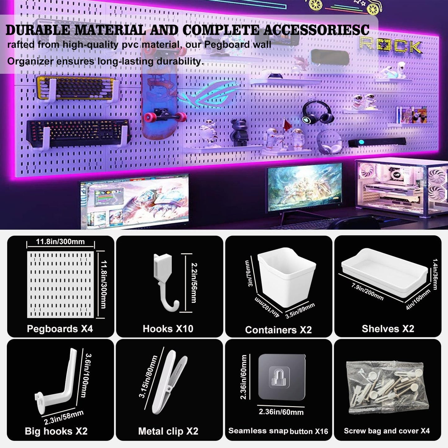 Hellpnoom Pegboard Combination Kit, Modular White Pegboard Wall Organizer with 4 Pegboards & Accessories Hanging for Gaming Office Wall Storage Organizer, Crafts Displays