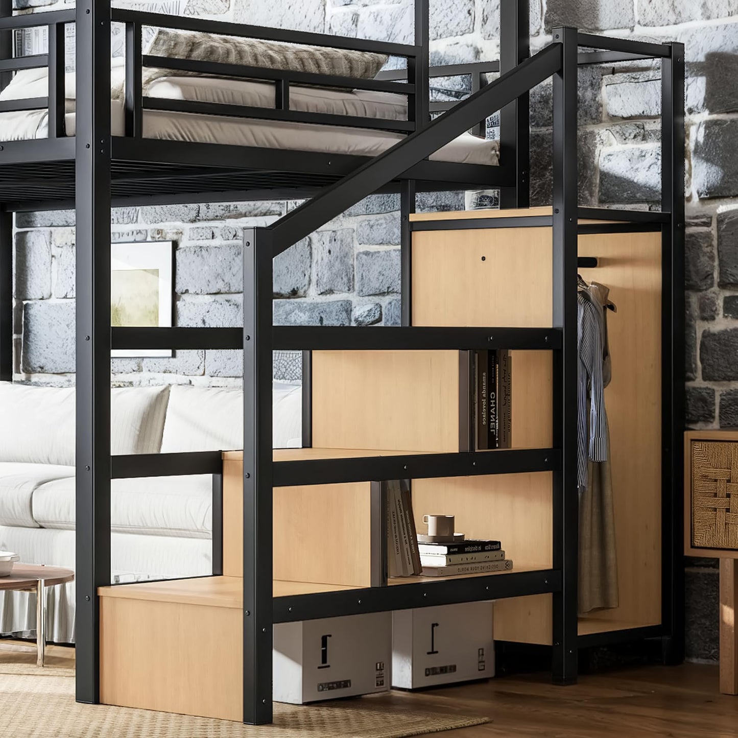 KEIKI Queen Size Metal Loft Bed Frame with with Canopy Frame & Storage Staircase & Wardrobe, Modern Loft Bed with Solid Slats & Guardrail, No Box Spring Required, Easy Assembly, for Bedroom, Black