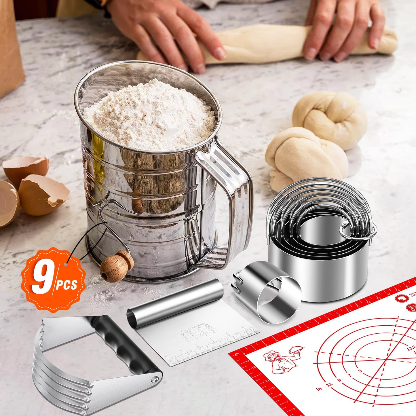 9PCS Stainless Steel Pastry Blender Set, 3 Cup Flour Sifter, Biscuit Cutter, Pastry Cutter, Dough Cutter, Silicone Baking Mats, for Cooking Cookies and Donuts, Cakes, Biscuits or Making Pancakes