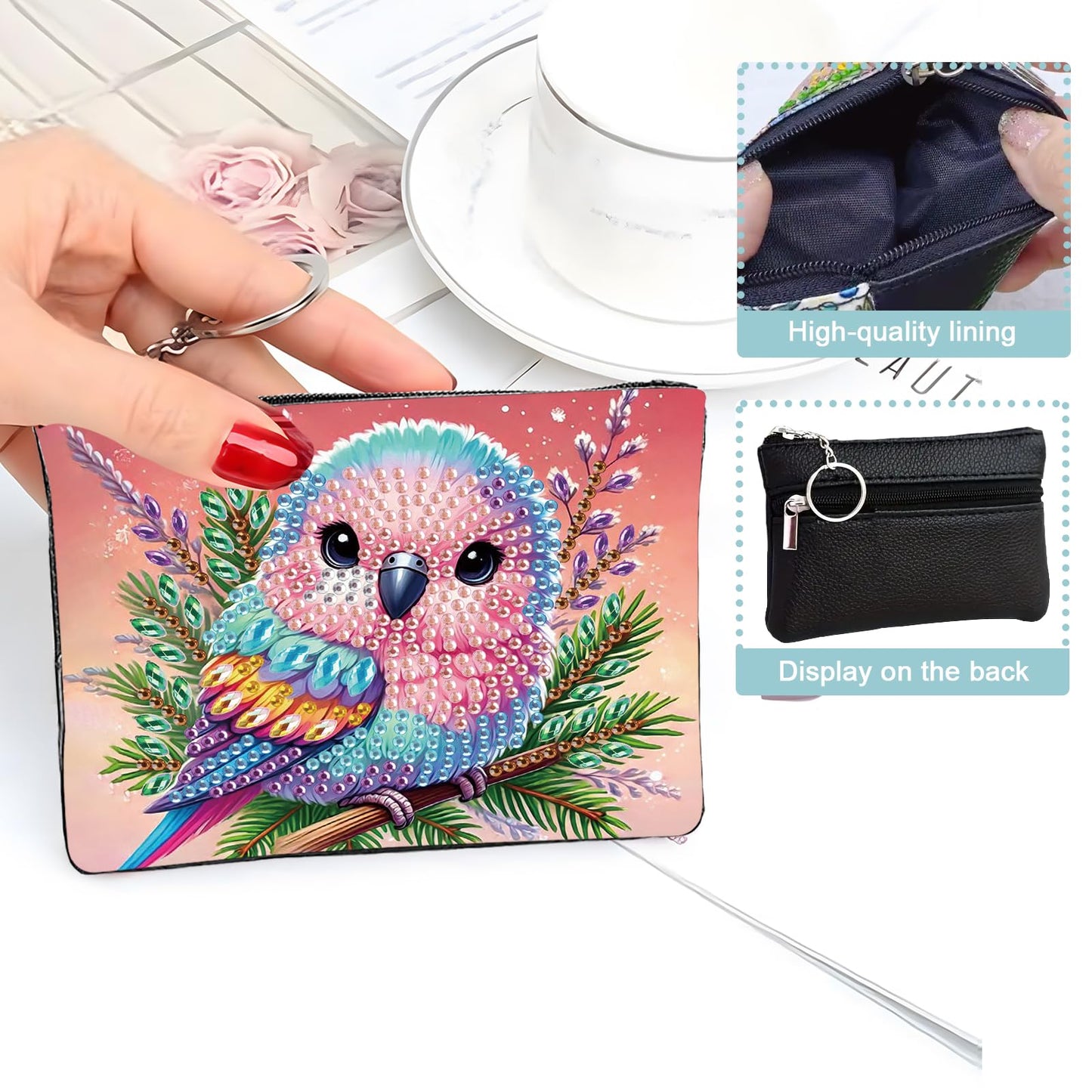 JZHYOAN Animal Diamond Painting Small Coin Purse for Women DIY Bird Coin Pouch Coin Purse with Zipper and Keyring Diamond Art Purses and Wallets Gem Art Handbags Wallet Keychain for Cards Keys Craft