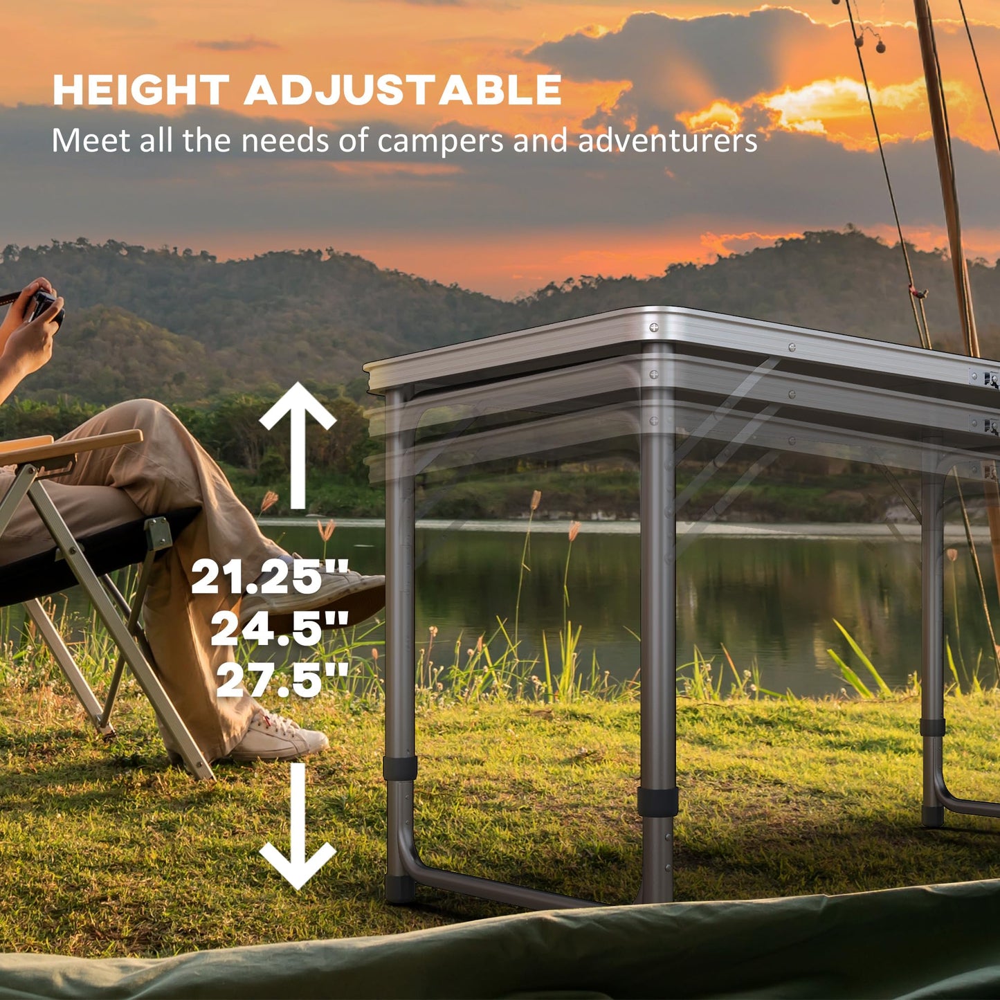 8ft Portable Beer Pong Table with Adjustable Legs, Folding Camping Table, Aluminum Picnic Table, for Party, Travel, BBQ, Beach, Blue and White