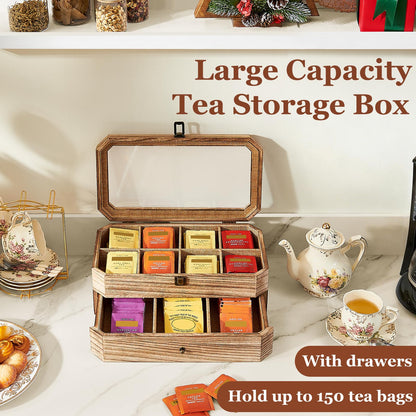 YIYYZI Tea Bag Organizer, Solid Wood 2 Layer Tea Box Organizer Storage, Christmas Gift Tea Bag Holder with Drawer Acrylic Window, Tea Organizer Caddy