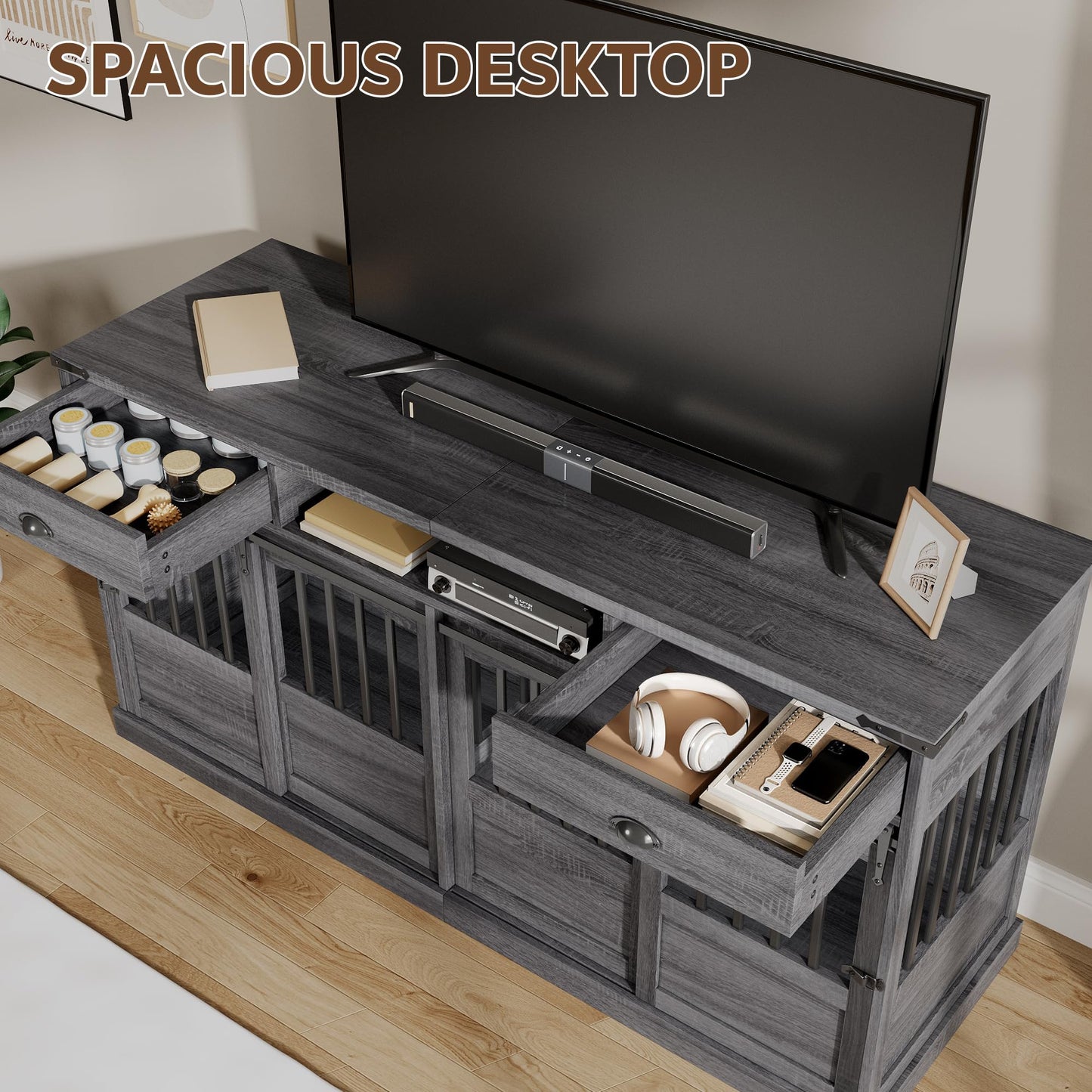 Homiflex 72" Double Dog Crate Furniture with Storage for 2 Medium Large Dogs Farmhouse Wooden Dog Kennel Furniture with 2 Sliding Doors Divider & Power Outlet Decorative Dog Cage TV Stand Grey