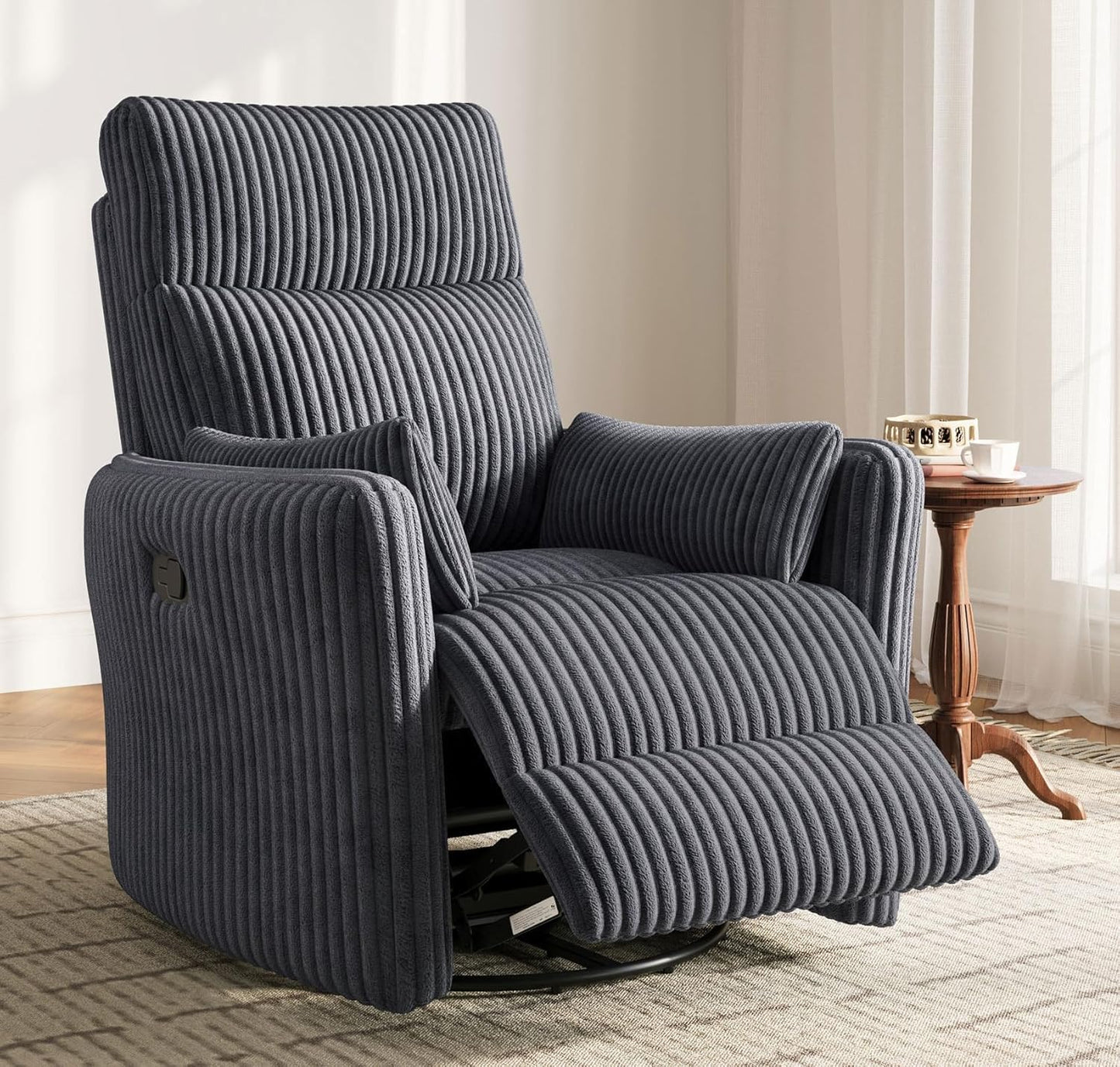 LINSY 360 Swivel Recliner Chair, Nursery Glider Rocking Chair with 2 Pillows, Corduroy Nursing Chair Comfy High Back Adult Rocker Recliner for Small Spaces, Nursery Bedroom Living Room (Gray)