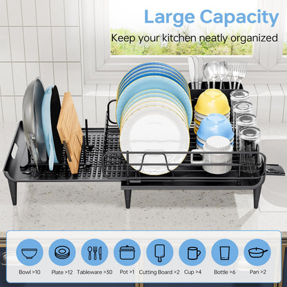 TOOLF Large Dish Drying Rack, Expandable Dish Rack for Kitchen Counter, Multifunctional Dish Drainer, Organization and Storage Essentials with Cup & Cutlery Holders, 16.7"-26.8" L x 12.6" W, Black