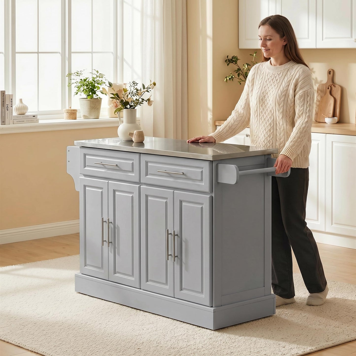 HOMCOM Rolling Kitchen Island Cart with 47" Stainless Steel Top, Portable Island Table for Kitchen with Wheels, Adjustable Shelves, 2 Drawers, Spice, Knife and Towel Rack, Gray