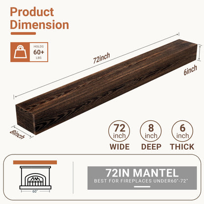 Heimlove Fireplace Mantel Shelf 72 Inch,Handmade Rustic Solid Wood Mantles for Over Fireplace,Wall Mounted Floating Fireplace Mantel Shelf for Living Room Decor,72"x 8"x 6"-Dark Carbonized