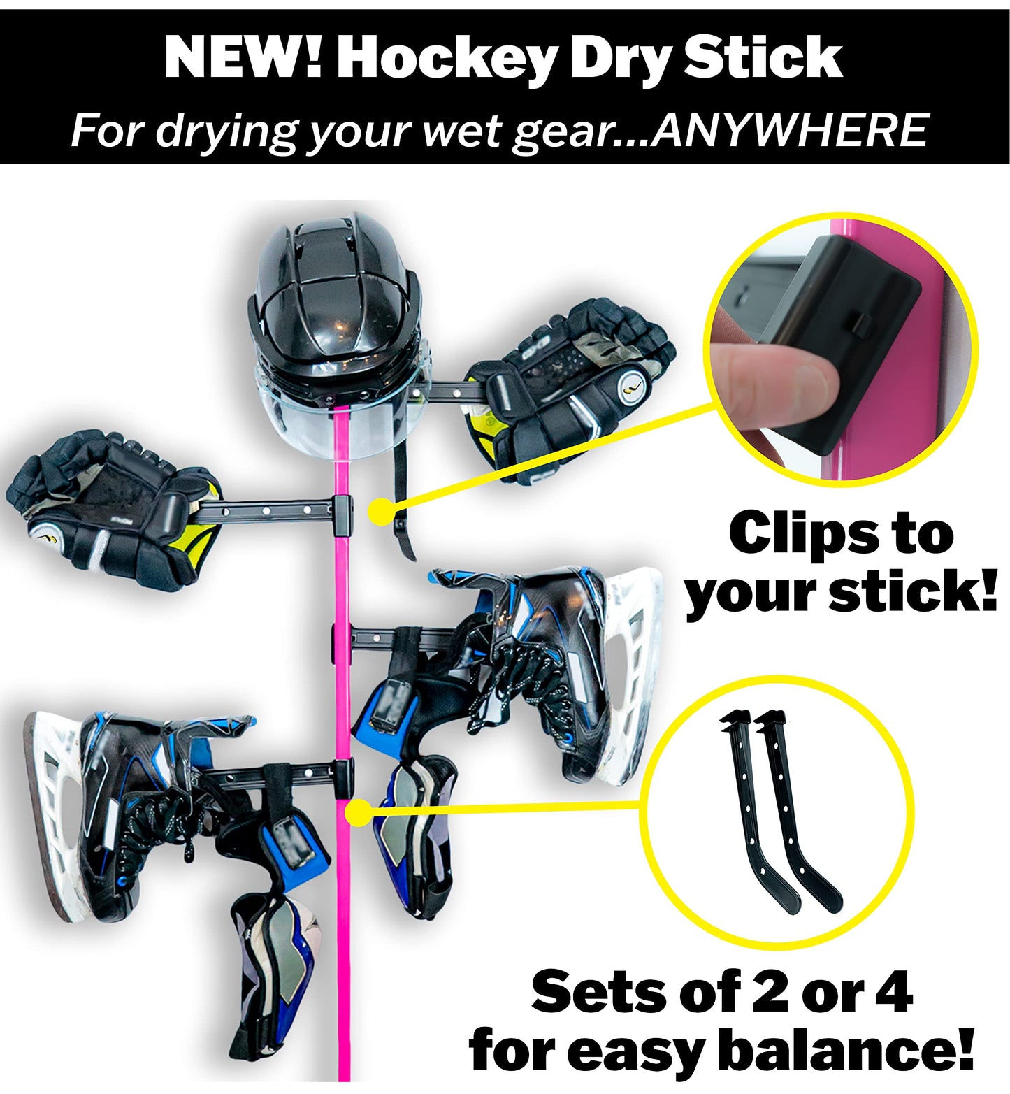 Wraparound Hockey Dry Stick – Portable Hockey Drying Rack for Gloves & Sports Gear – Attaches to Hockey Stick – Hockey Equipment Drying Rack (4-Pack)