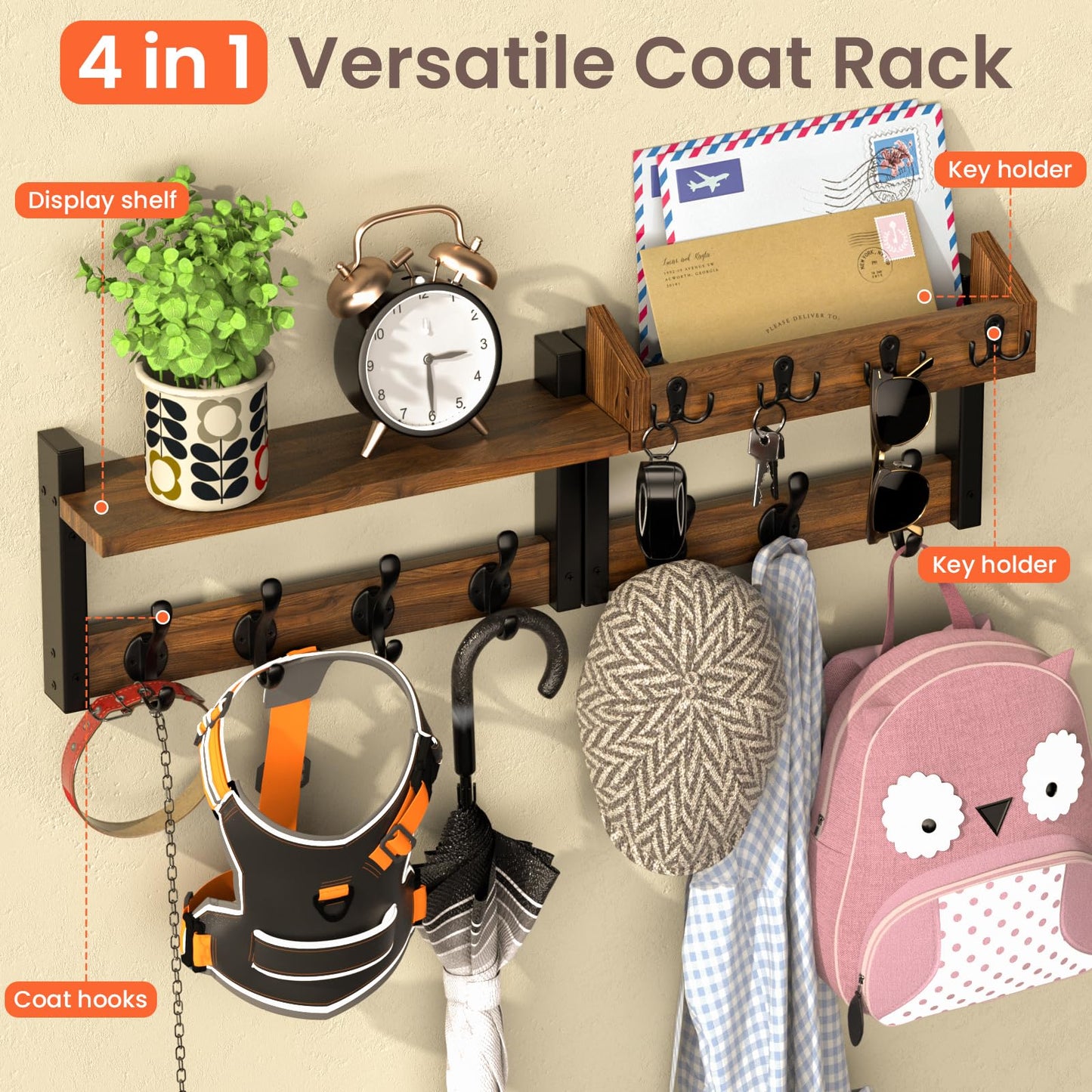 29'' Rustic Coat Rack Wall Mount with Shelf, Solid Wood Coat and Key Hanger with 11 Metal Hooks, Farmhouse Wall Organizer for Mail, Entryway Wall Hangers for Hats, Clothes, Backpacks, Mudroom