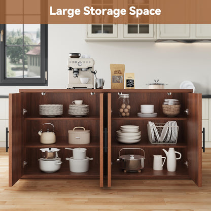 MapleGrace 63" Fluted Buffet Cabinet with Storage, Mid-Century Symmetrical Arched Sideboard Credenza with Adjustable Shelf, Large Wood Console Table for Dining Room, Kitchen, and Living Room (Walnut)