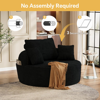 FAVSH 55" Oversized Round Chaise Lounge Chair Indoor, Upholstered Plush Deep Seat Circle Single Cloud Lounge Floor Sofa Chair with 4 Pillows with Side Pocket, Living Room, Bedroom Apartment, Black