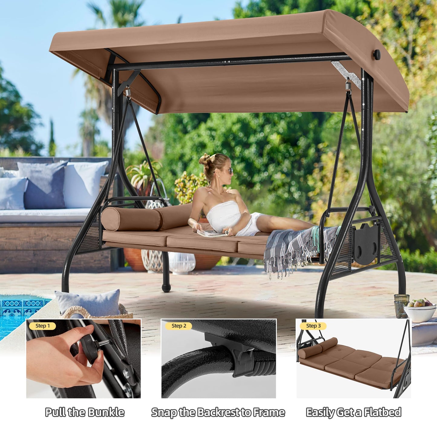 HOMREST 3 Seat Outdoor Porch Swing with Adjustable Canopy, Convertible Patio Swing Bed with Stand, Patio Glider Swing with Upgraded Cup Holder, Thicken Cushions ＆ Pillow for Backyard(Brown)