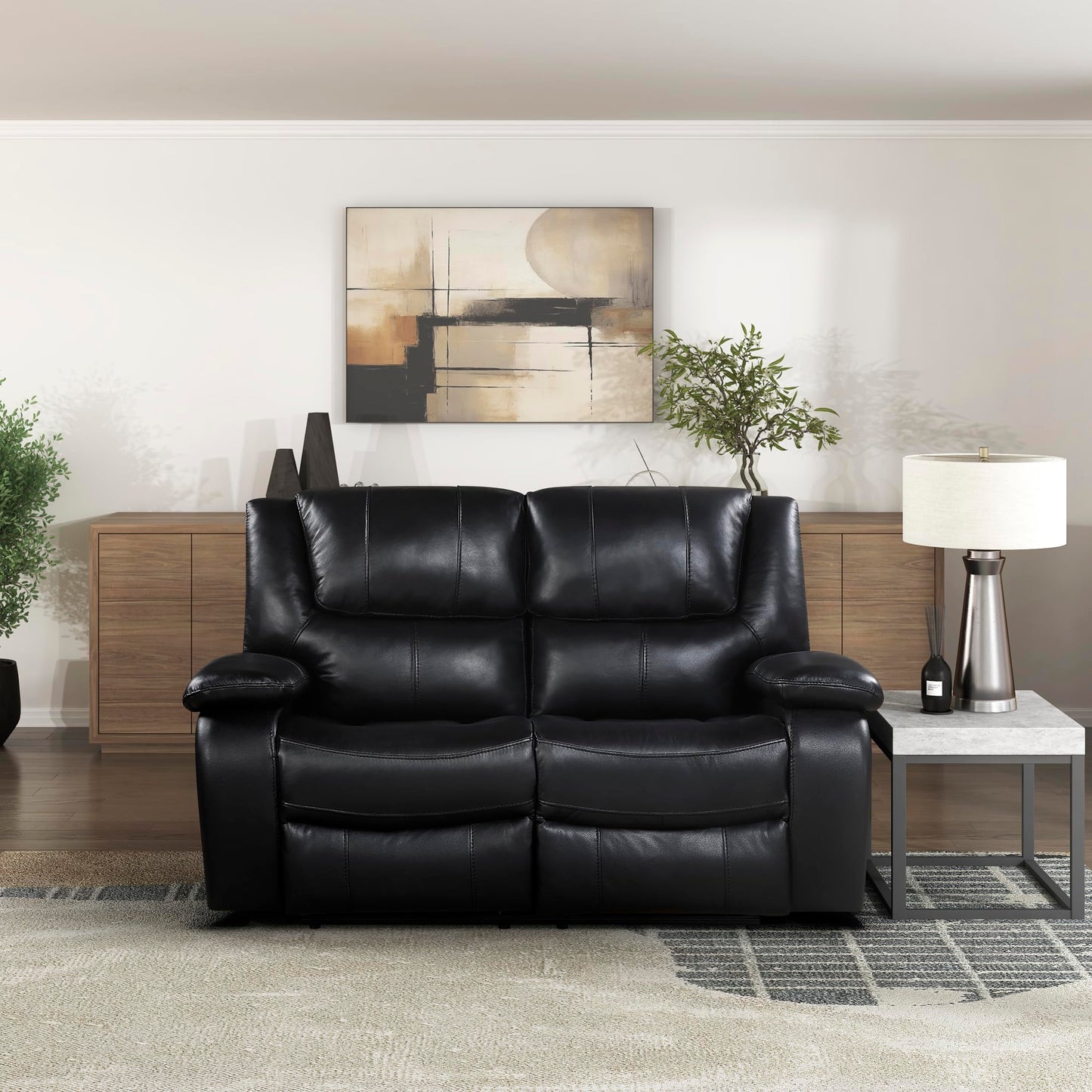 Lexicon Manual Double Reclining Loveseat - Top Grain Leather Match Manual Tab Pull Loveseat Recliner for Living Room, Wall Hugger, Pillow Top Arms, Padded Headrest, Foam Over Pocket Coils Seat, Black
