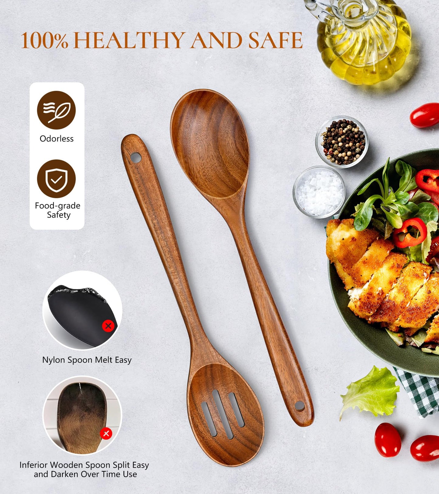 2Pcs Wooden Spoons for Cooking, Natural Premium Teak Wooden Spoon & Slotted Spoon, Good Grip Large Cooking Spoons Spatula, Heat Resistant Wooden Kitchen Cooking Utensils Set for Nonstick Cookware