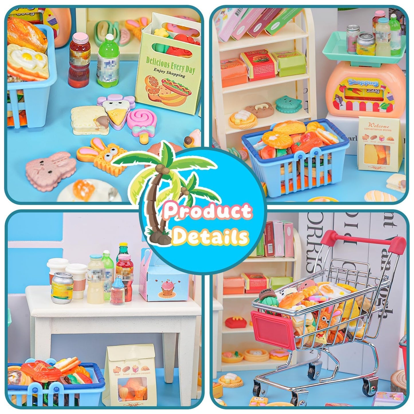196Pcs Mini Shopping Cart Basket Trolley Grocery Game Model Miniature Drink Bottle Food Pizza with Box Supermarket Metal Handcart Toy Doll House Store Cosplay Pretend Kitchen Shelf Cash Register