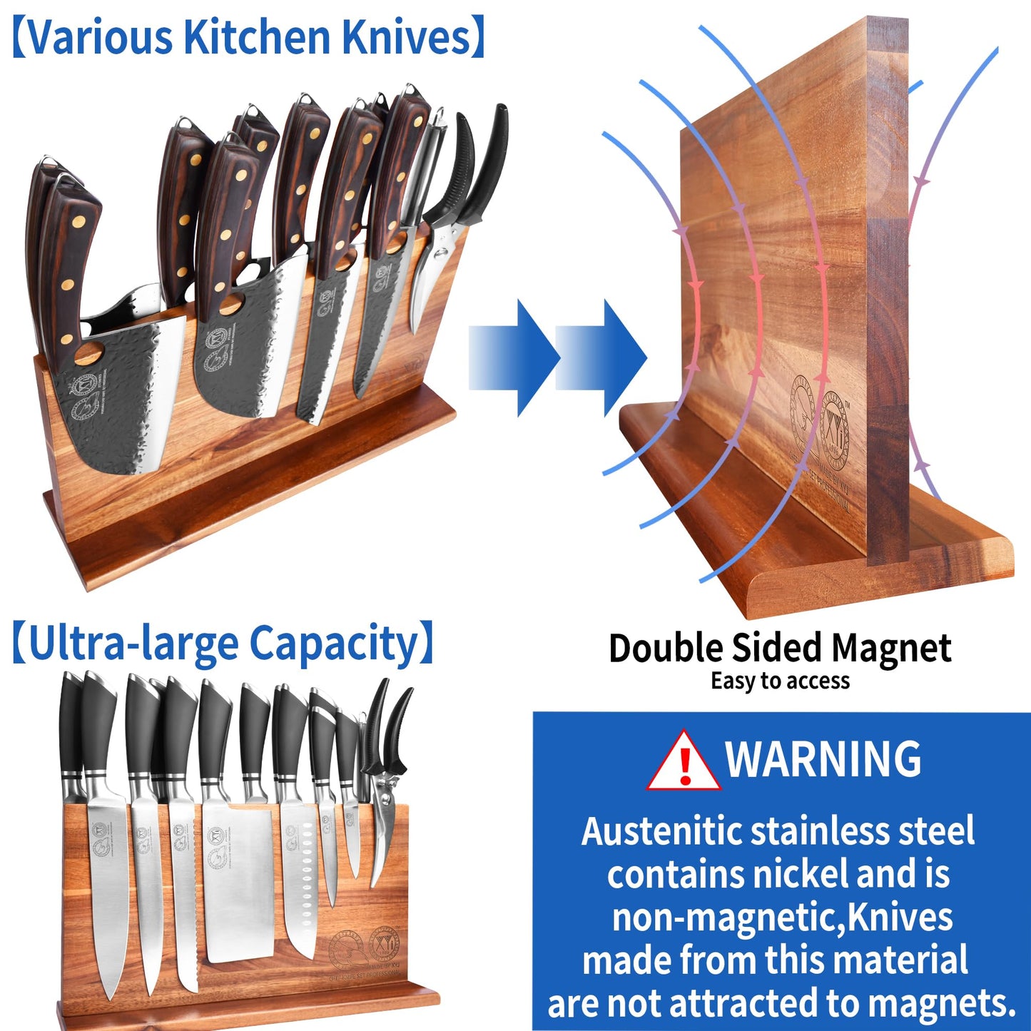 XYJ Extra Large Magnetic Knife Block Acacia Wood Knife Set Holder Stand With Stronge Magnetic Strip Kitchen Knives Storage Rack Organizer Tools No Drilling