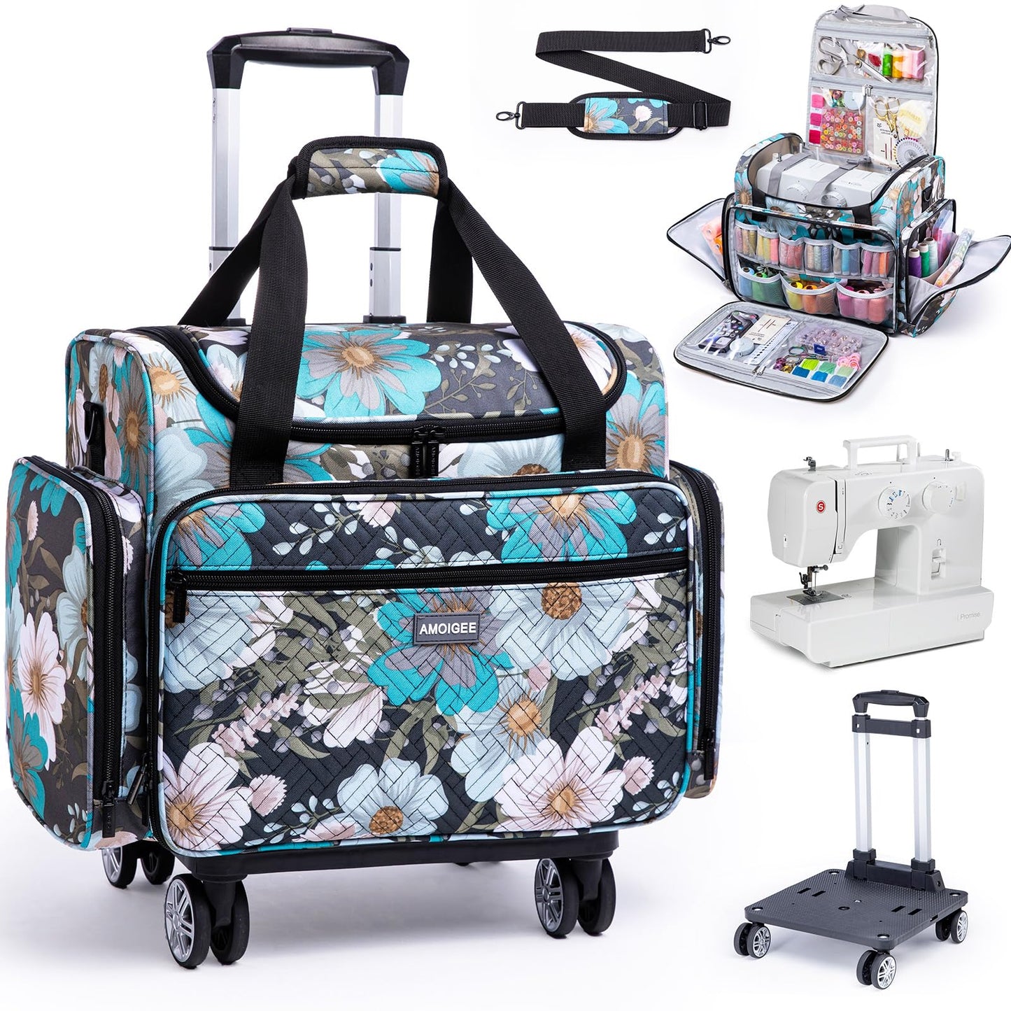 AMOIGEE Rolling Sewing Machine Case with Detachable Dolly, Padded Sewing Machine Bag with Wheels, Travel Tote for Most Standard Machines, Storage Organizer fits Brother, Singer