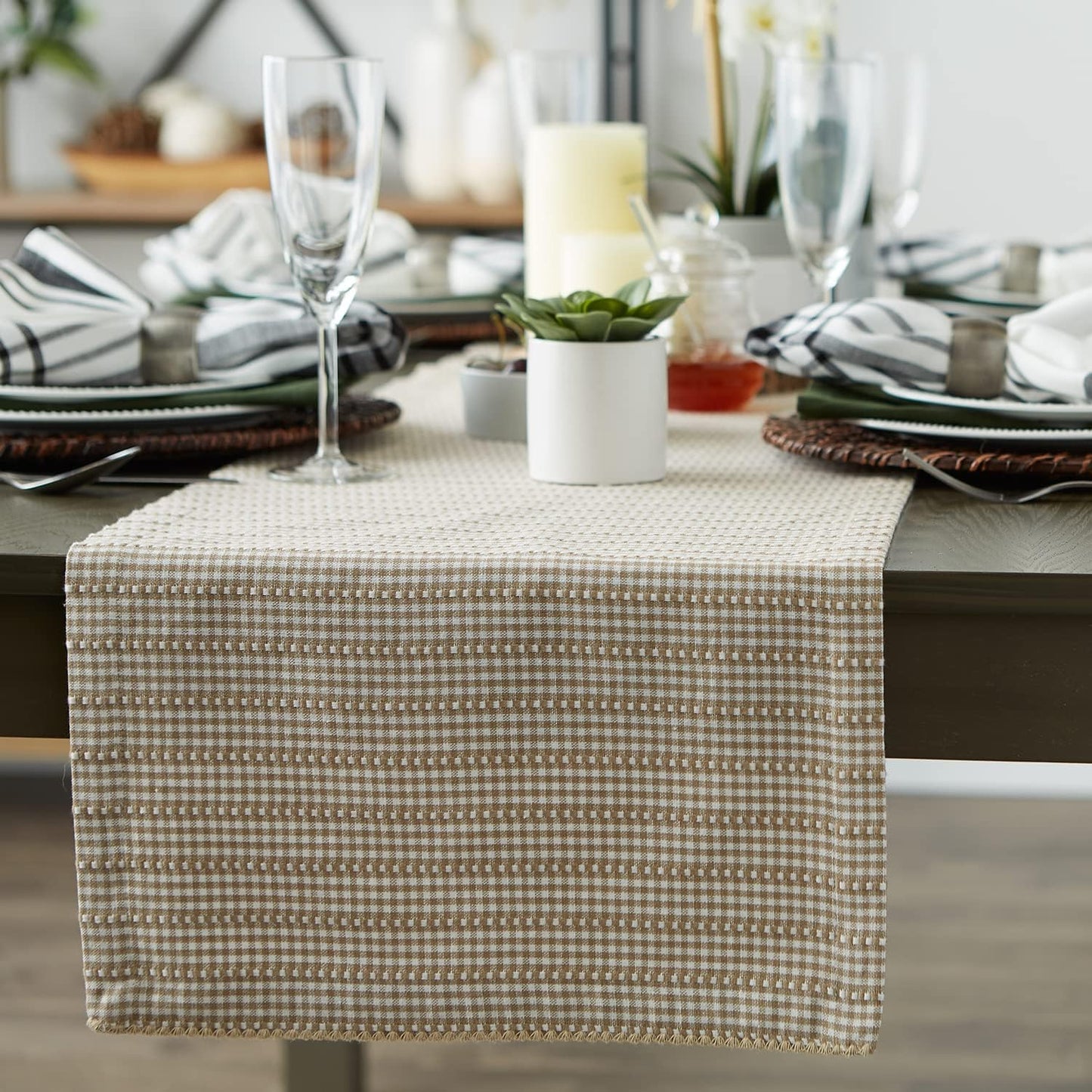 DII Farmhouse Gingham Checked Table Runner, 14x72, Stone