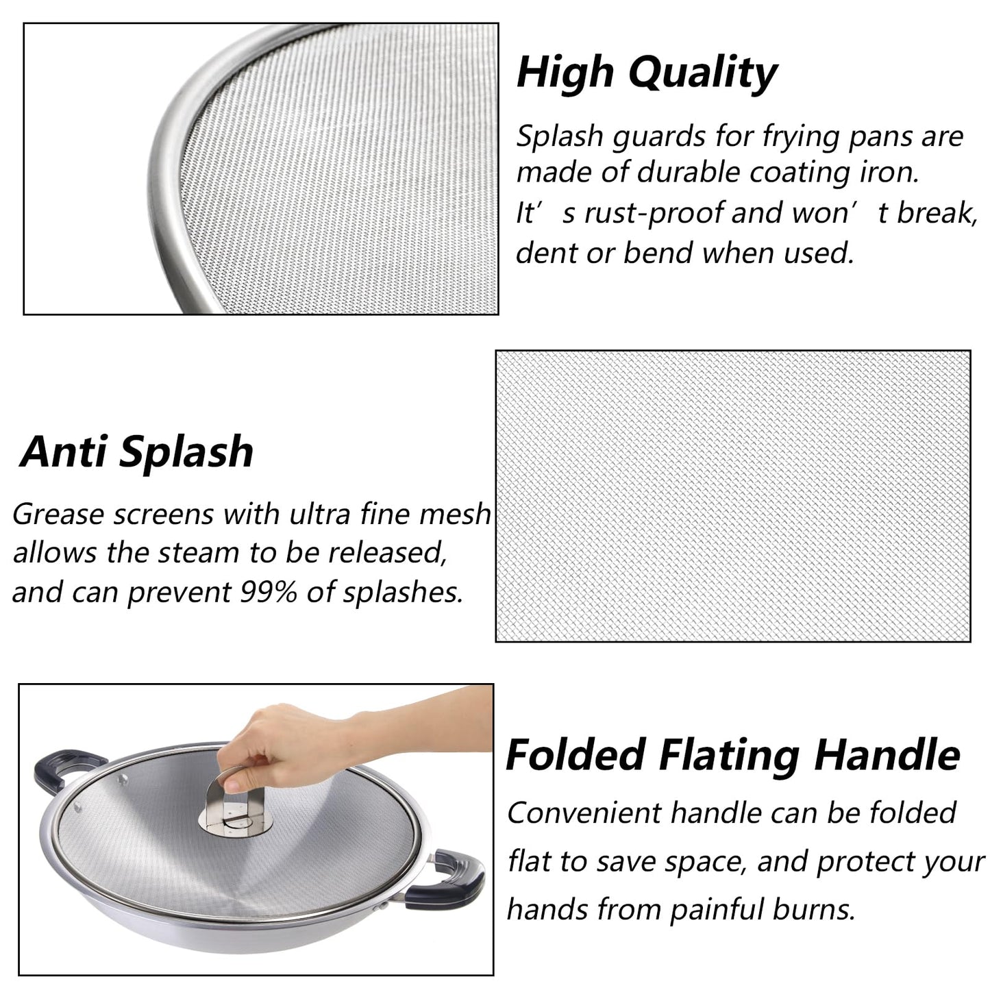 Nicunom 4 Pack Splatter Screen for Frying Pan, 13", 11.5", 10", 8" Stainless Steel Grease Splatter Guard with Fold Flat Knob, Kitchen Oil Splatter Guard Set for Safe Cooking