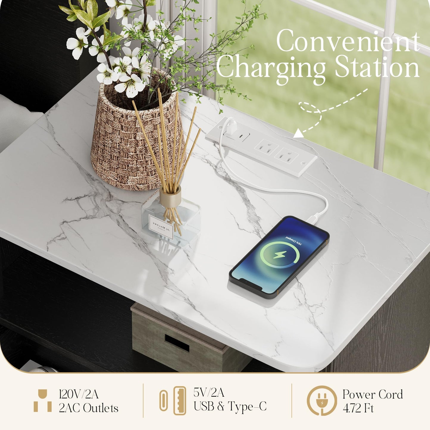 Fluted Nightstand with Charging Station, Bedside Table with Storage & Drawers, Faux Marble-Top, Modern Mid Century Bedside End Table with Drawer, Large Nightstand for Bedroom, Living Room, Black
