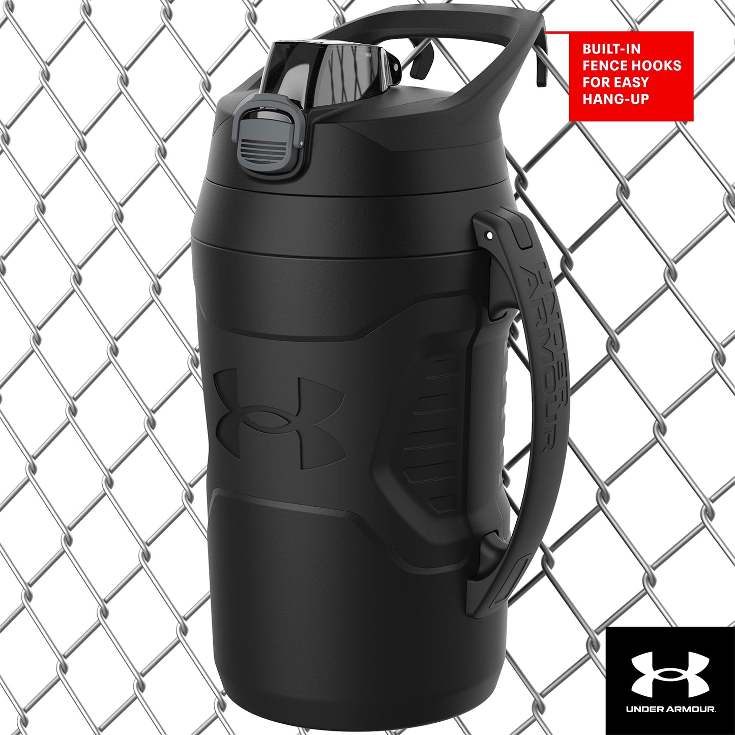 Under Armour Half Gallon Water Bottle Insulated, 64oz Insulated Water Bottle with Handle, Fence Hook, Leak Resistant, for Baseball, Football & More - Black/Black