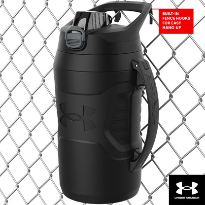 Under Armour Half Gallon Water Bottle Insulated, 64oz Insulated Water Bottle with Handle, Fence Hook, Leak Resistant, for Baseball, Football & More - Black/Black