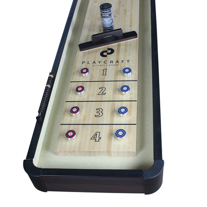 Playcraft Woodbridge Shuffleboard Table with Storage Cabinet - Shuffle Board Game Table Set with Matching Abacus, 8 Pucks, Brush & Wax (Made in USA) - Pro Style Climate Adjusters - Espresso - 16ft
