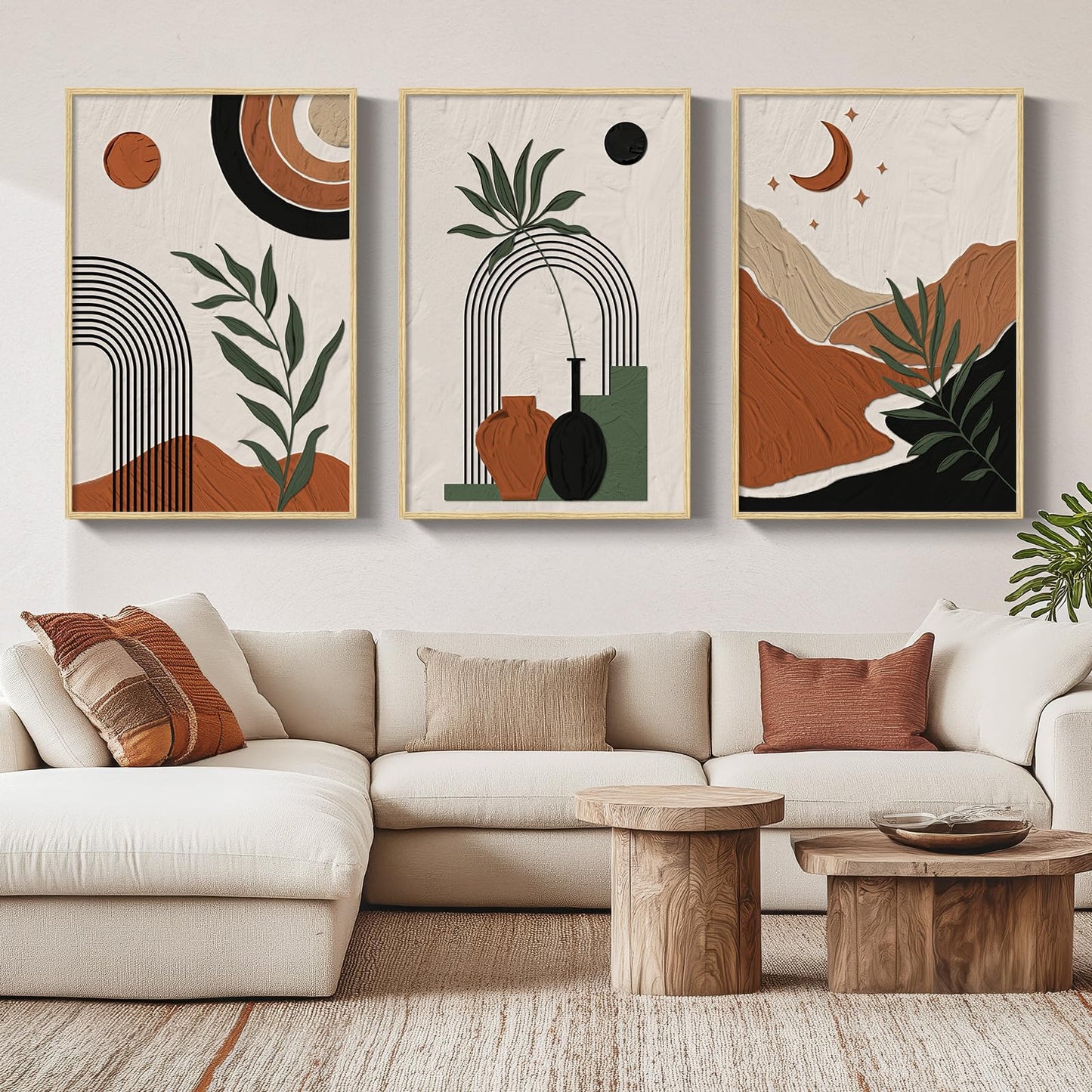 Framed Boho Sage Green Wall Art for Living Room, Large Mid Century Modern Tropical Leaf Canvas Artwork for Walls, 3 Piece Beige Orange Bohemian Wall Art Prints for Bedroom Kitchen Hallway, 16x24 Inch