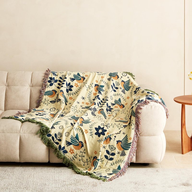 MSGKV Boho Throw Blanket 50"x60" Cotton Blanket for Couch and Sofa Cover for Living Room Spring Throw Decorative Woven Bird Blankets