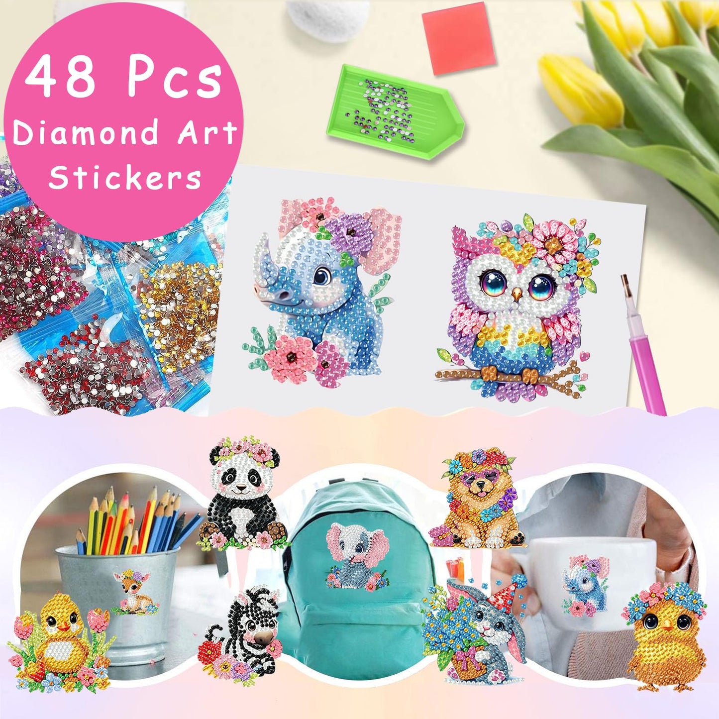 xackcme 48 Pcs Diamond Art Painting Sticker Kits for Kids, Animal Diamond Gem Stickers Kit, 5D Animals Gem Art Stickers Mosaic for Kids Gift for Boys Girls 4-8-10-12 Years Old